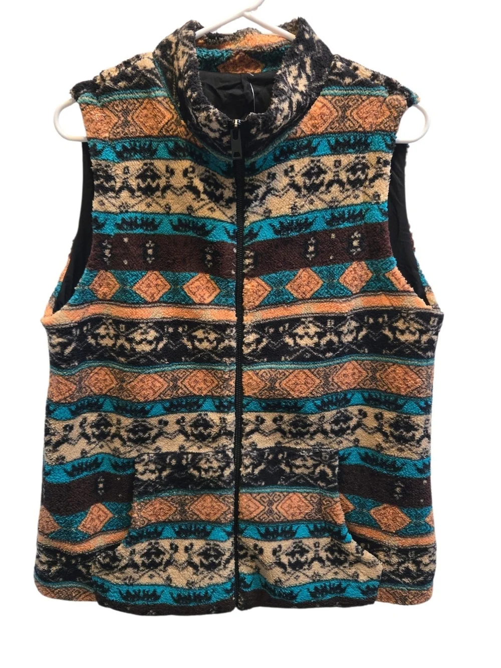 Women's Patterned Zip Fleece Vest - Teal & Brown SZ L